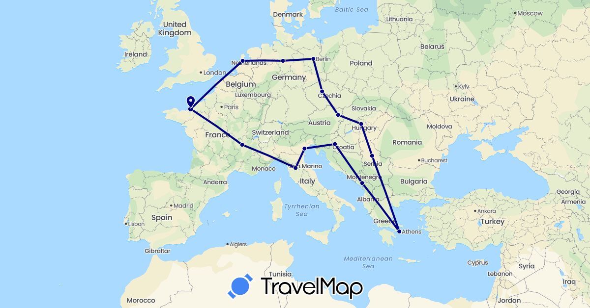 TravelMap itinerary: driving in Austria, Czech Republic, Germany, France, Greece, Croatia, Hungary, Italy, Montenegro, Netherlands, Serbia (Europe)